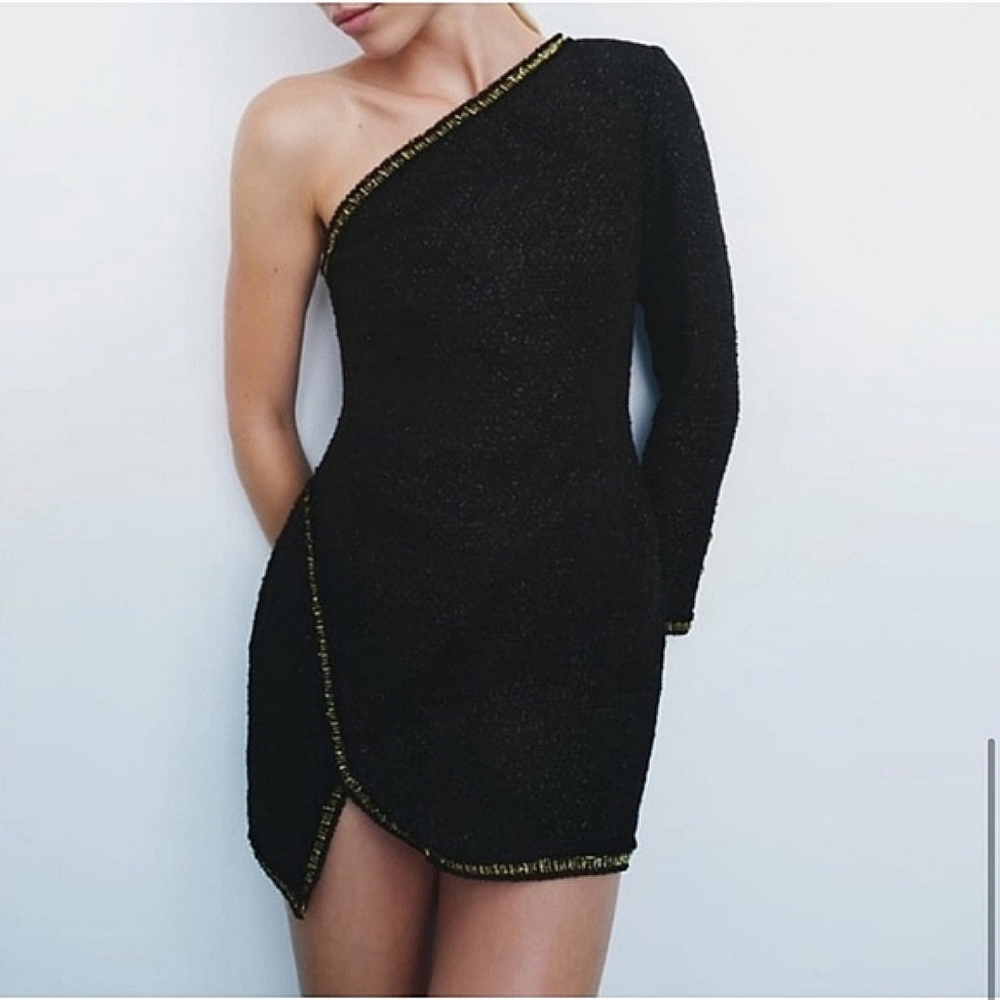 Zara Tweed Mini Dress Black Gold Textured - Picture 15 of 16